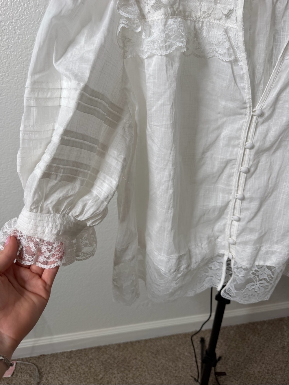 Anthropologie Cream Lace-Trim Puff Sleeve Blouse - Picture 5 of 12